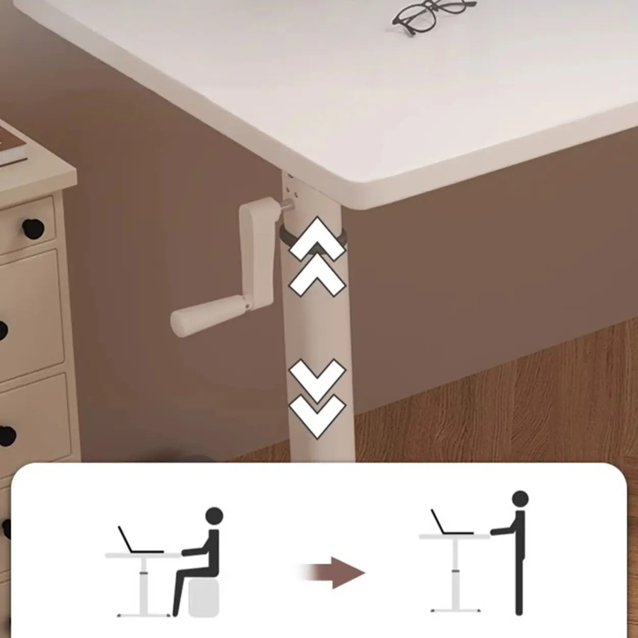 White Wood Adjustable T-Shape Standing Desk — Natural Finish / Without Chairs