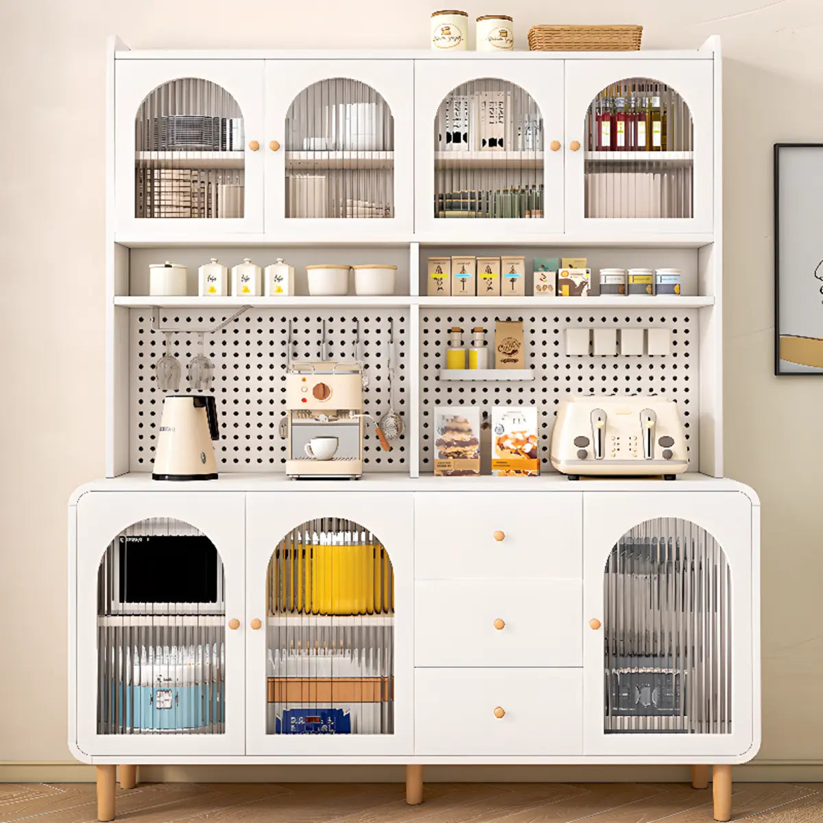 White Wood Arched Ribbed Glass China Cabinet