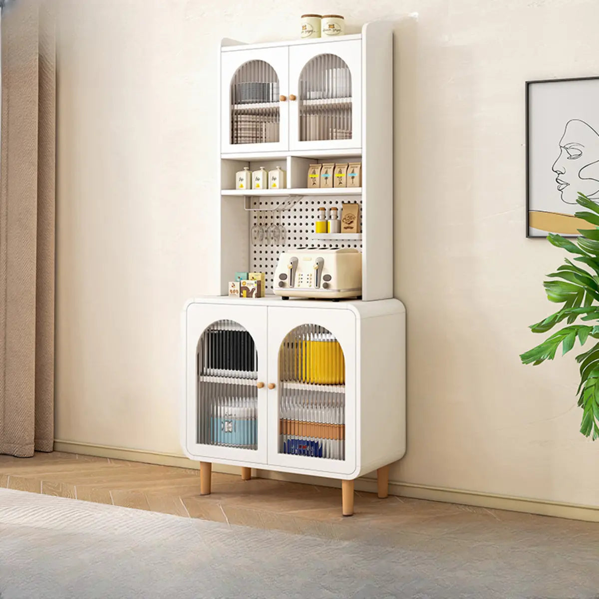 White Wood Arched Ribbed Glass China Cabinet — Fillet