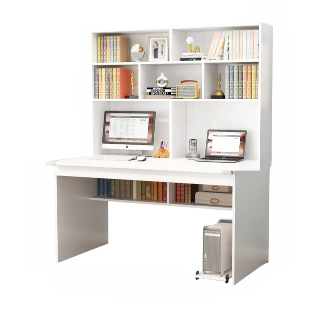 White Wood Sled Computer Desk with Cable Shelf — Without Chairs / Light Walnut