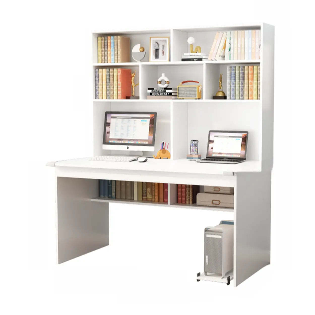 White Wood Sled Computer Desk with Cable Shelf — Without Chairs / Light Walnut