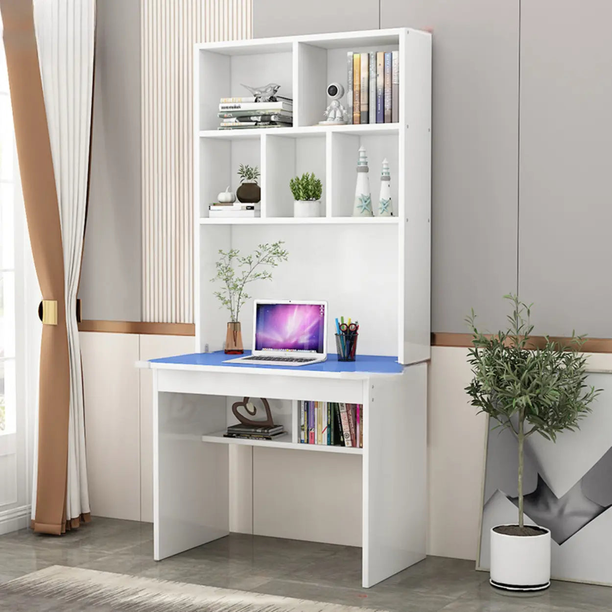 White Wood Sled Computer Desk with Cable Shelf — Without Chairs / White