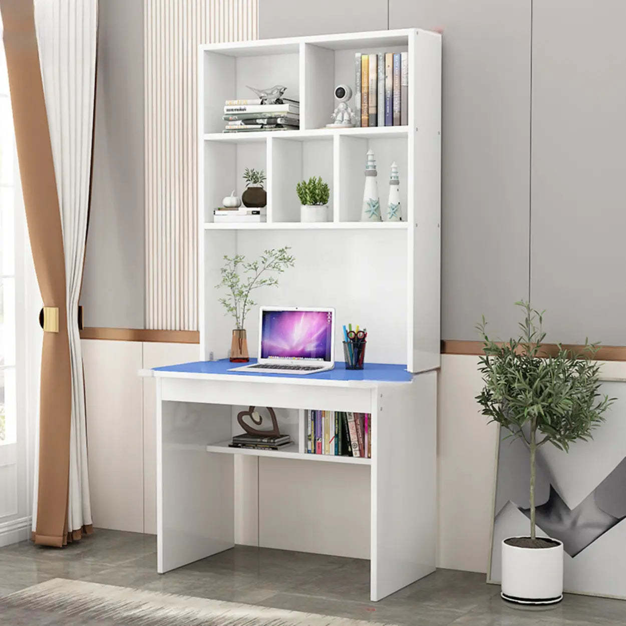 White Wood Sled Computer Desk with Cable Shelf — Without Chairs / White
