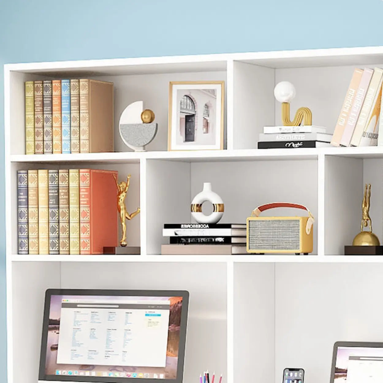White Wood Sled Computer Desk with Cable Shelf — Without Chairs / Blue