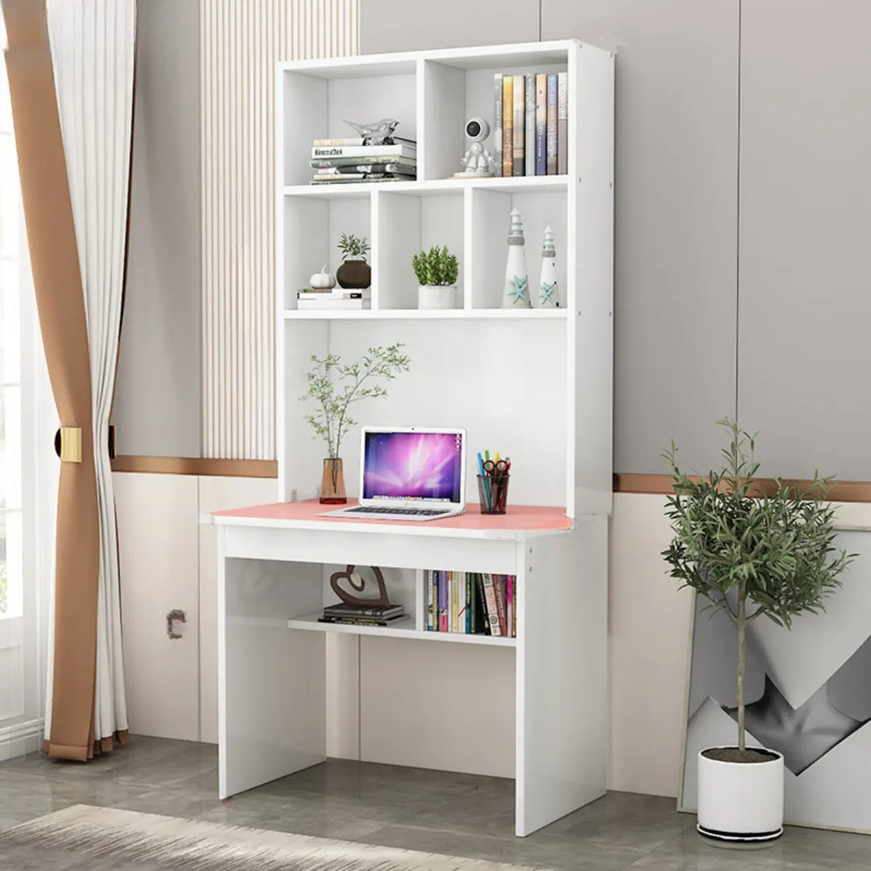 White Wood Sled Computer Desk with Cable Shelf — Without Chairs / Pink