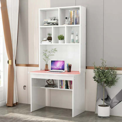White Wood Sled Computer Desk with Cable Shelf — Without Chairs / Pink