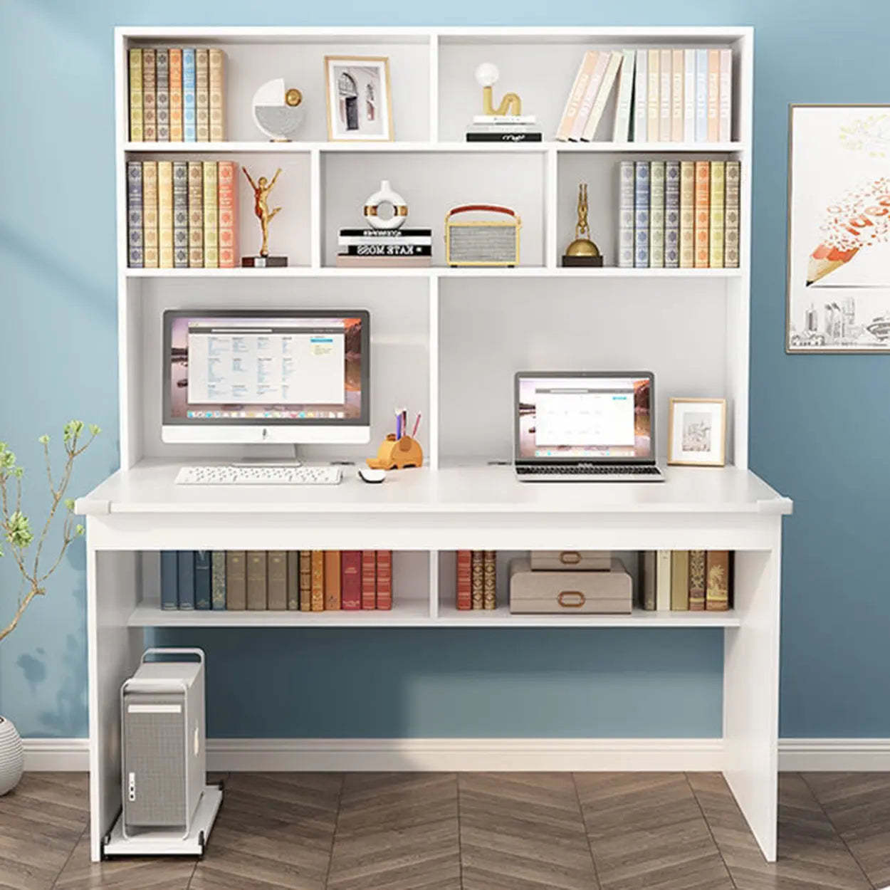 White Wood Sled Computer Desk with Cable Shelf — Without Chairs / Blue