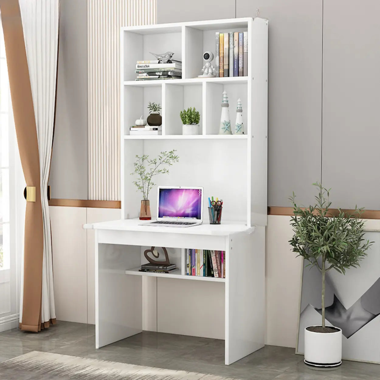 White Wood Sled Computer Desk with Cable Shelf — Without Chairs / Light Walnut