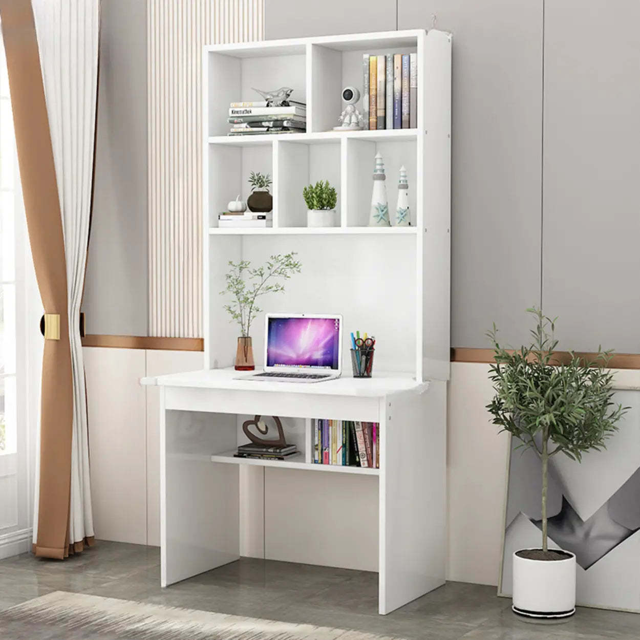 White Wood Sled Computer Desk with Cable Shelf — Without Chairs / Light Walnut