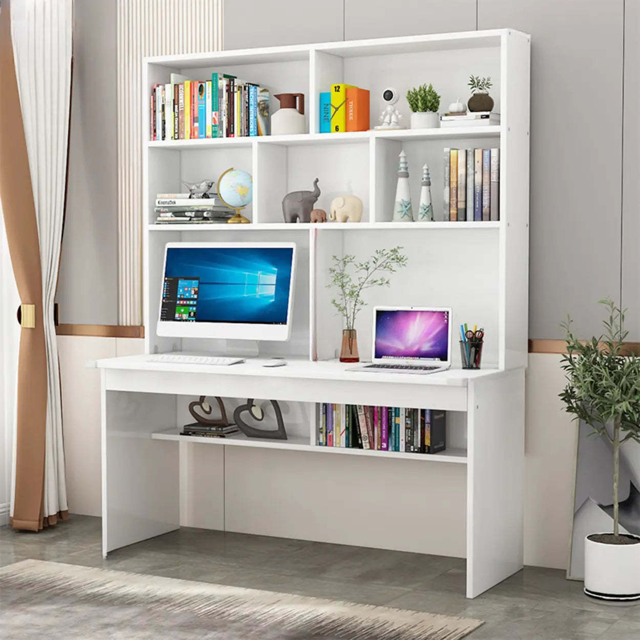 White Wood Sled Computer Desk with Cable Shelf — Without Chairs / Pink