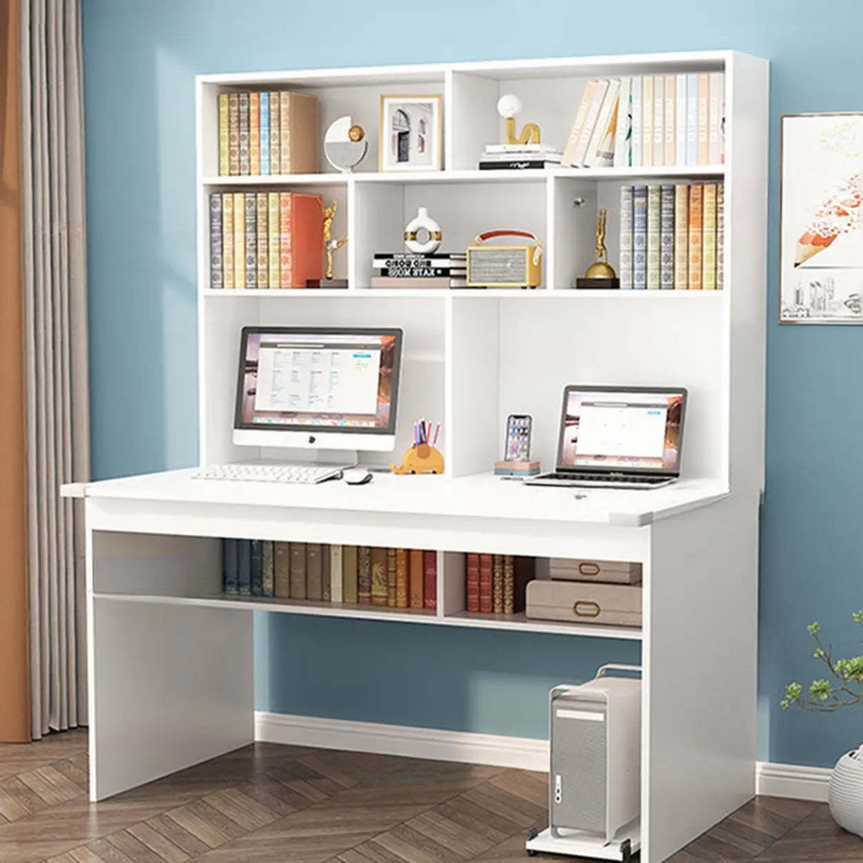 White Wood Sled Computer Desk with Cable Shelf — Without Chairs / White