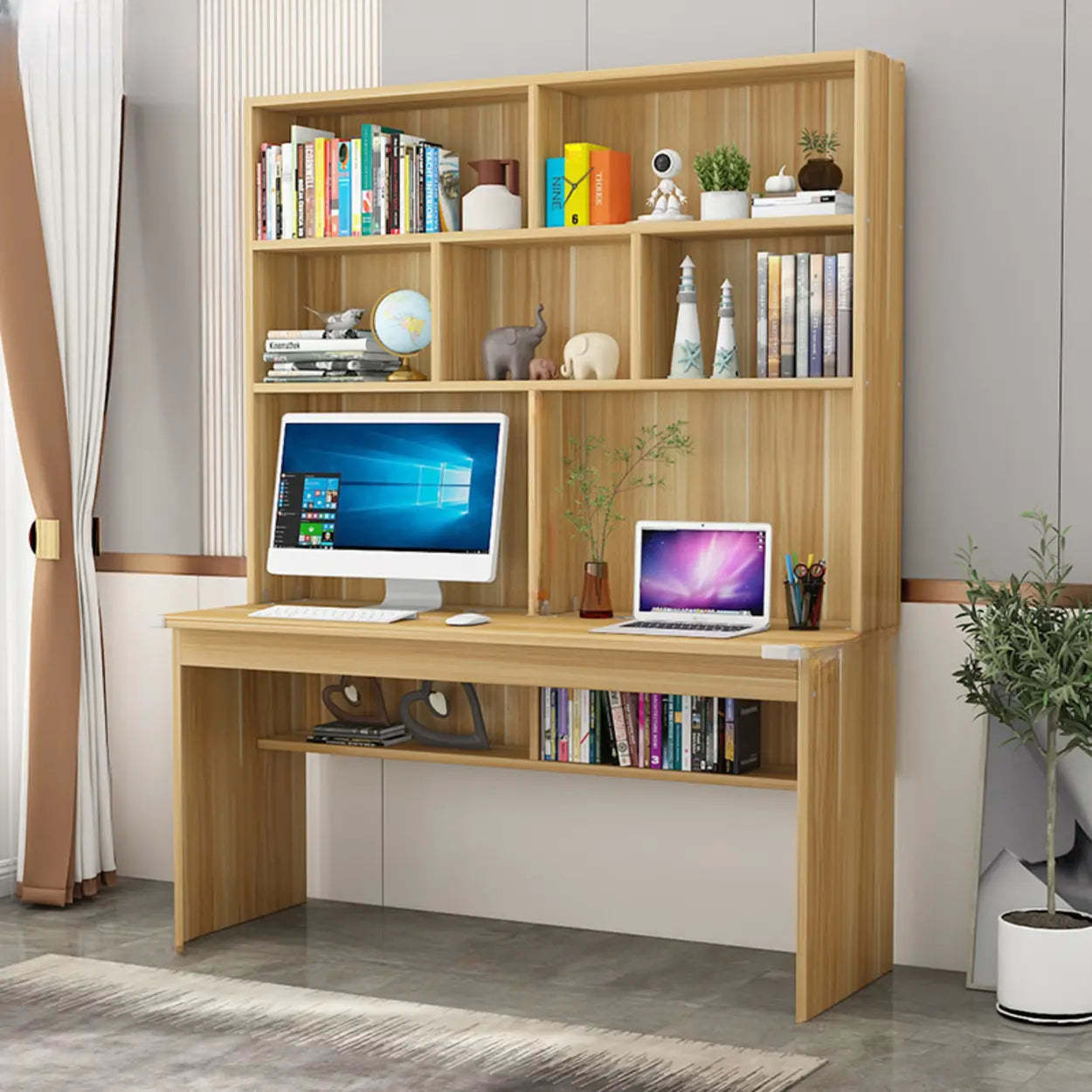 White Wood Sled Computer Desk with Cable Shelf — Without Chairs / Pink