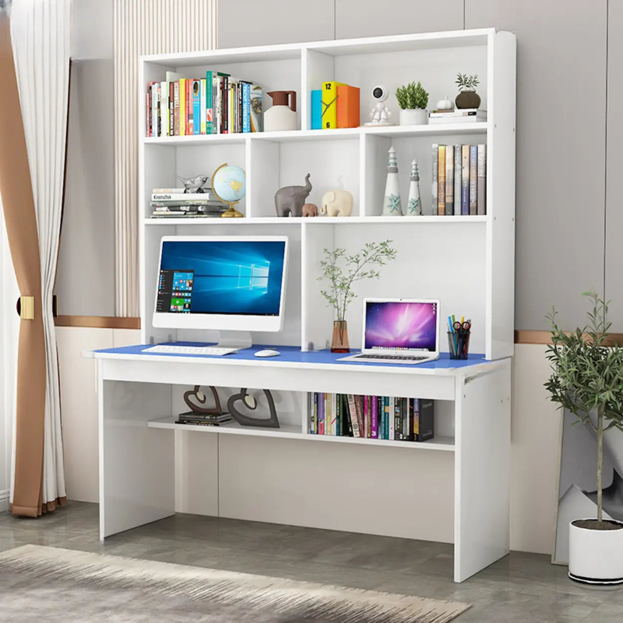 White Wood Sled Computer Desk with Cable Shelf — Without Chairs / Blue