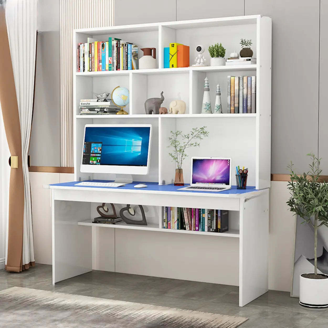 White Wood Sled Computer Desk with Cable Shelf | Lighom