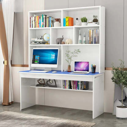 White Wood Sled Computer Desk with Cable Shelf — Without Chairs / Blue
