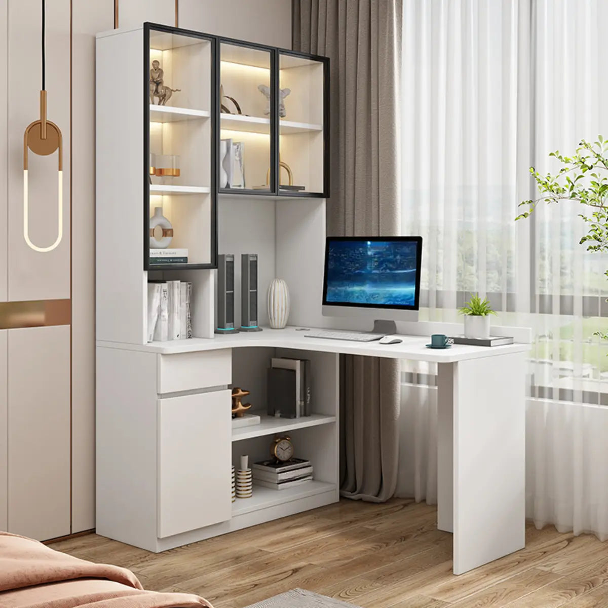 White Wood Hutch Computer Desk with Drawers — White / Without Chairs
