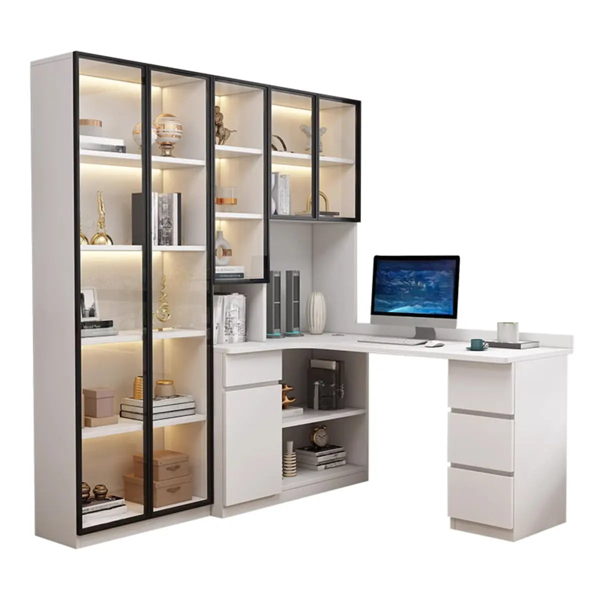 White Wood Hutch Computer Desk with Drawers — Light Gray / Without Chairs