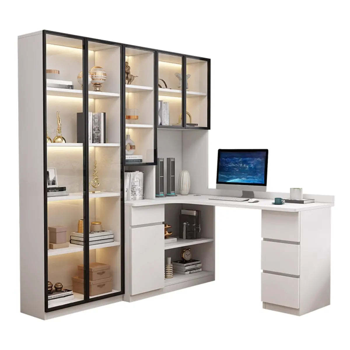 White Wood Hutch Computer Desk with Drawers — Light Gray / Without Chairs