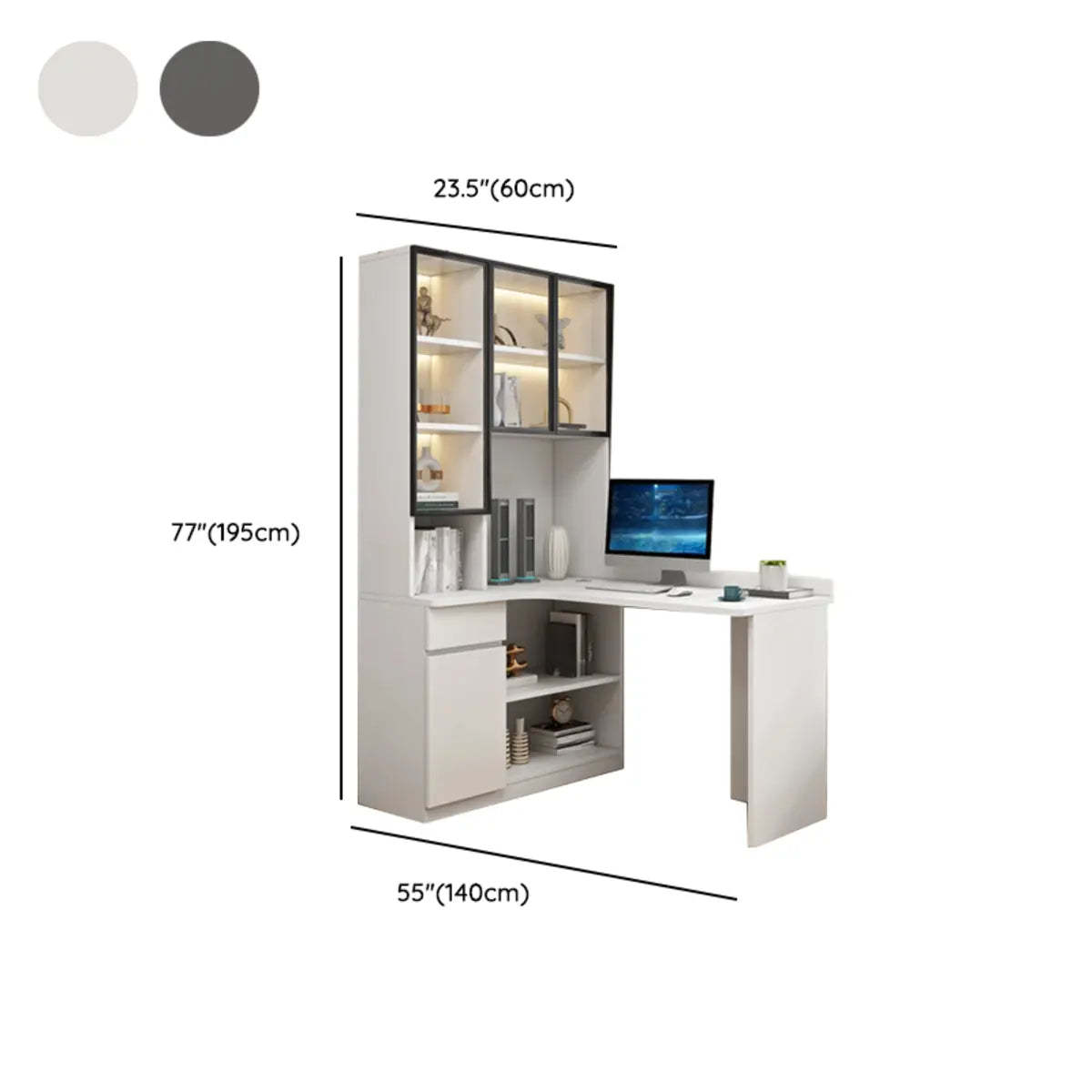 White Wood Hutch Computer Desk with Drawers — Dark Gray / Without Chairs