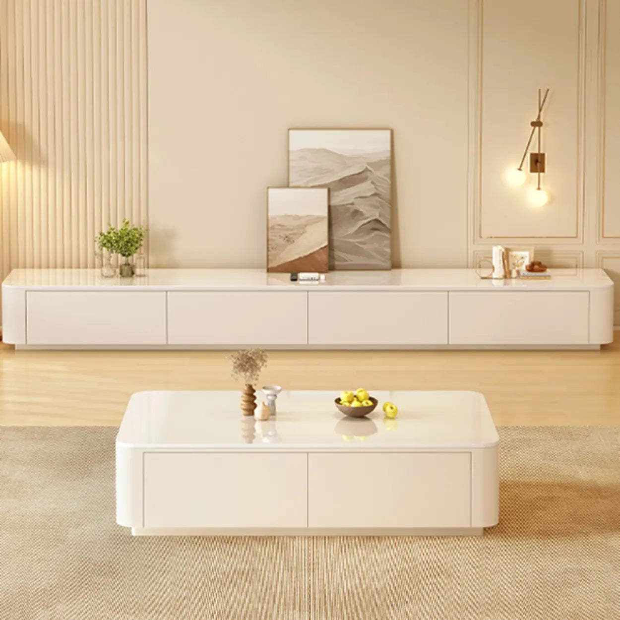 White Wood TV Stand with Cable Management — Grey / White