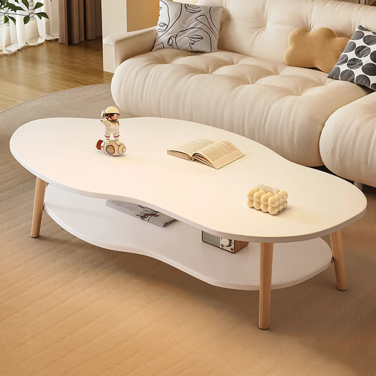 White Wood Free Form Coffee Table with Shelf