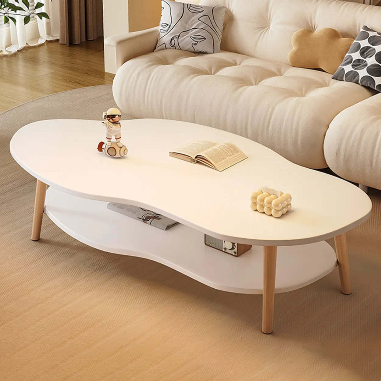 White Wood Free Form Coffee Table with Shelf — White