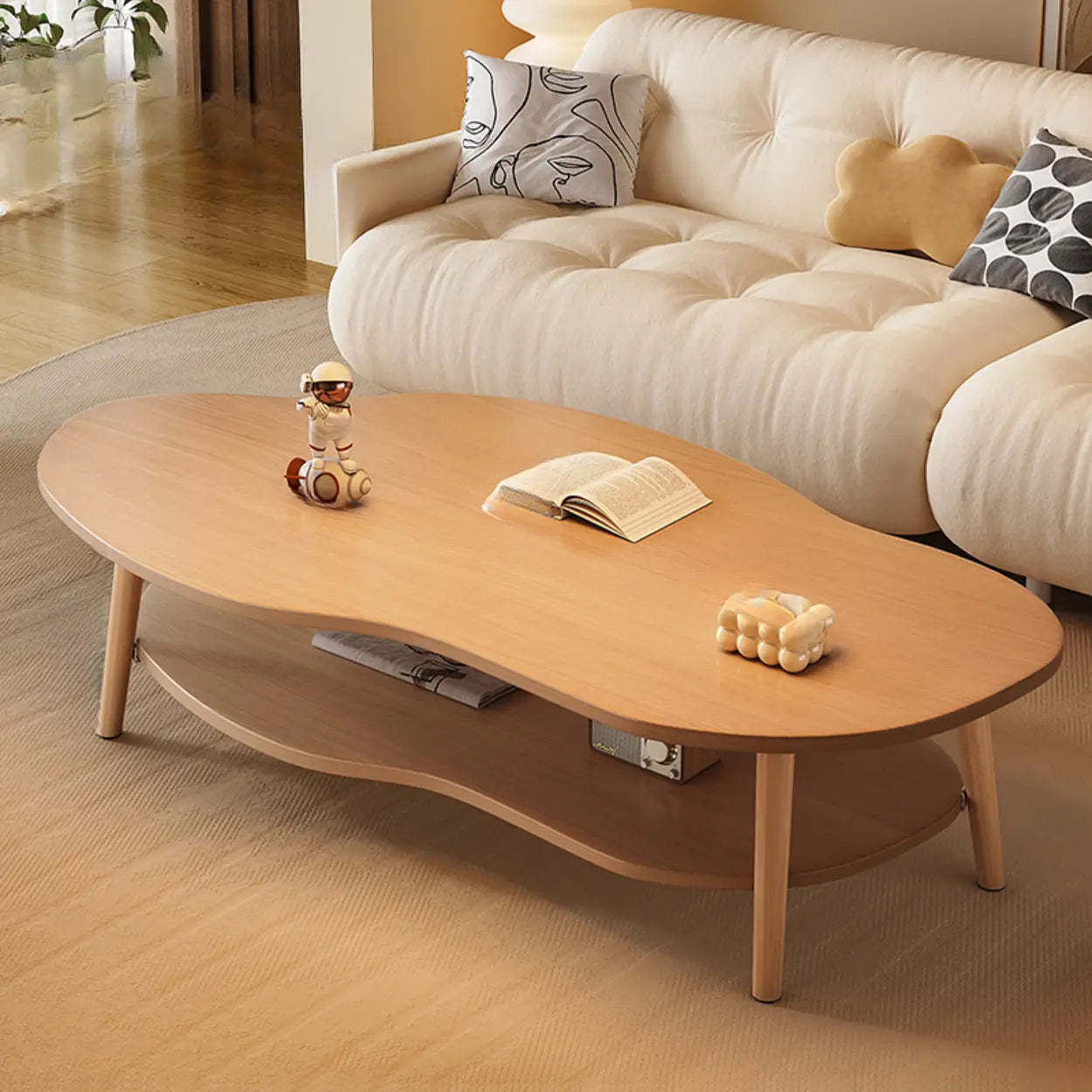 White Wood Free Form Coffee Table with Shelf — White