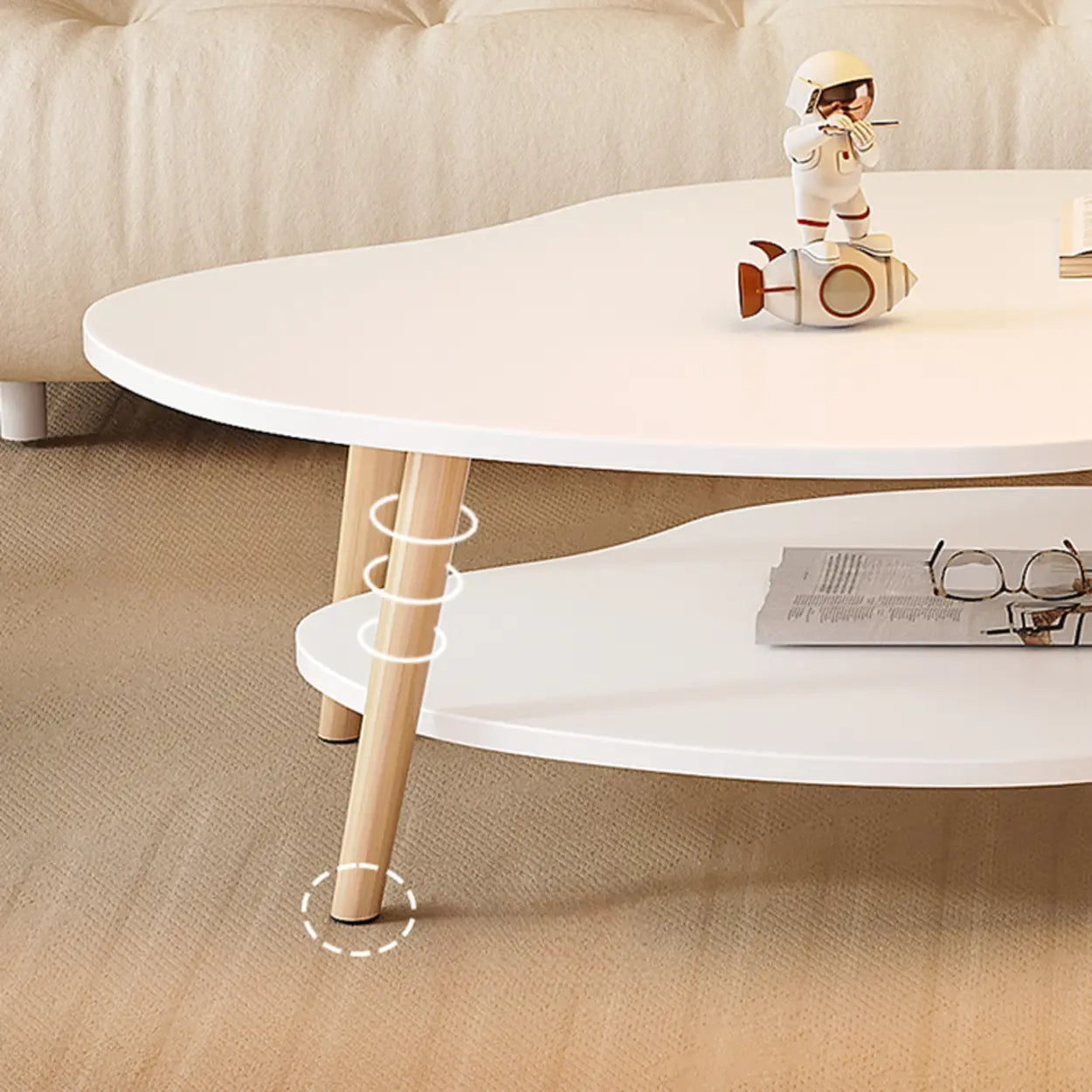 White Wood Free Form Coffee Table with Shelf — White