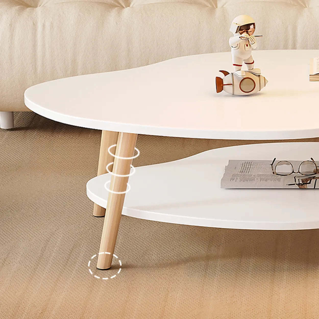 White Wood Free Form Coffee Table with Shelf — White