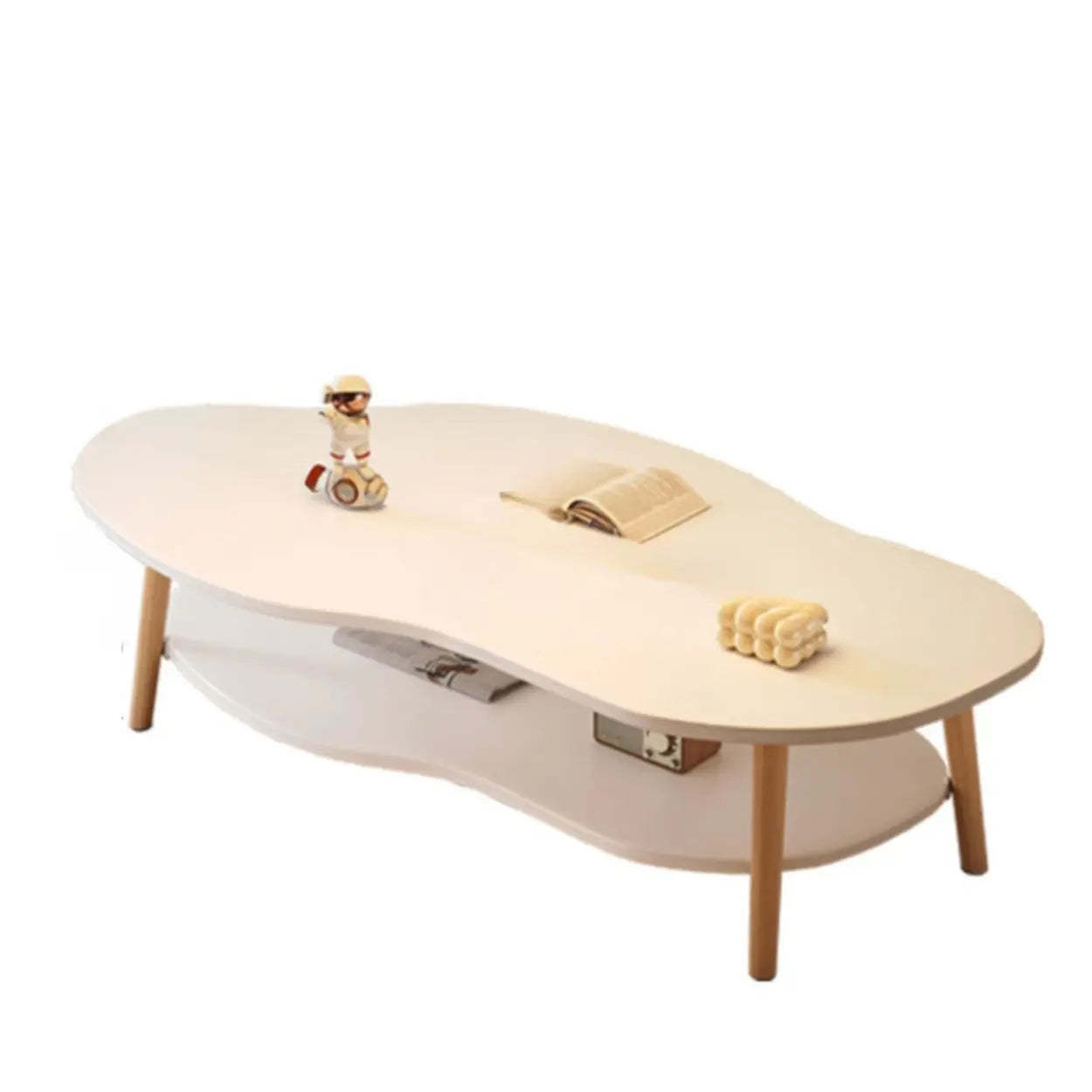 White Wood Free Form Coffee Table with Shelf