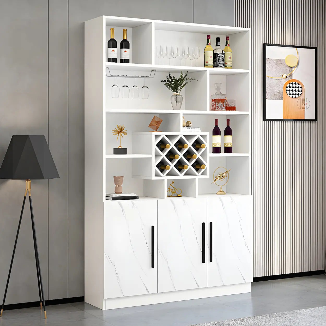 White Wood Freestanding Stemware Wine Cabinet — White