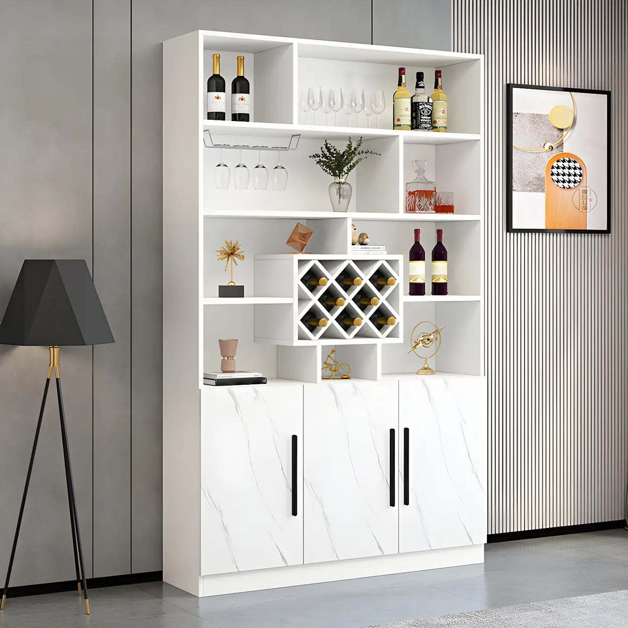 White Wood Freestanding Stemware Wine Cabinet — White