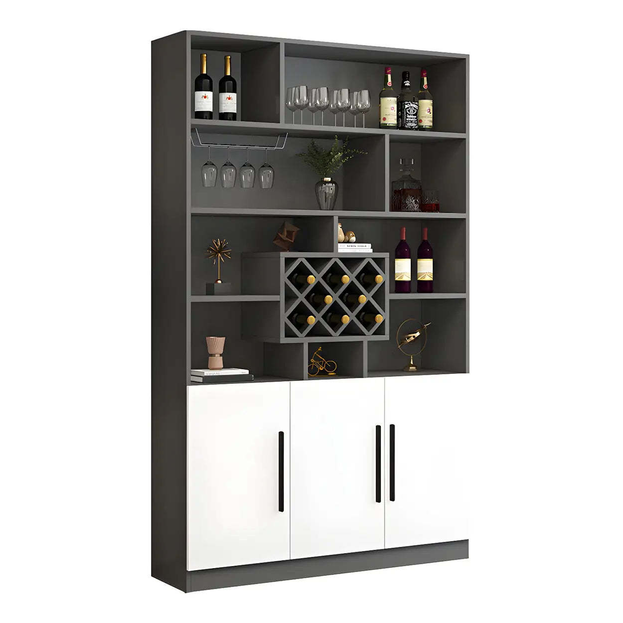 White Wood Freestanding Stemware Wine Cabinet — Gray-White