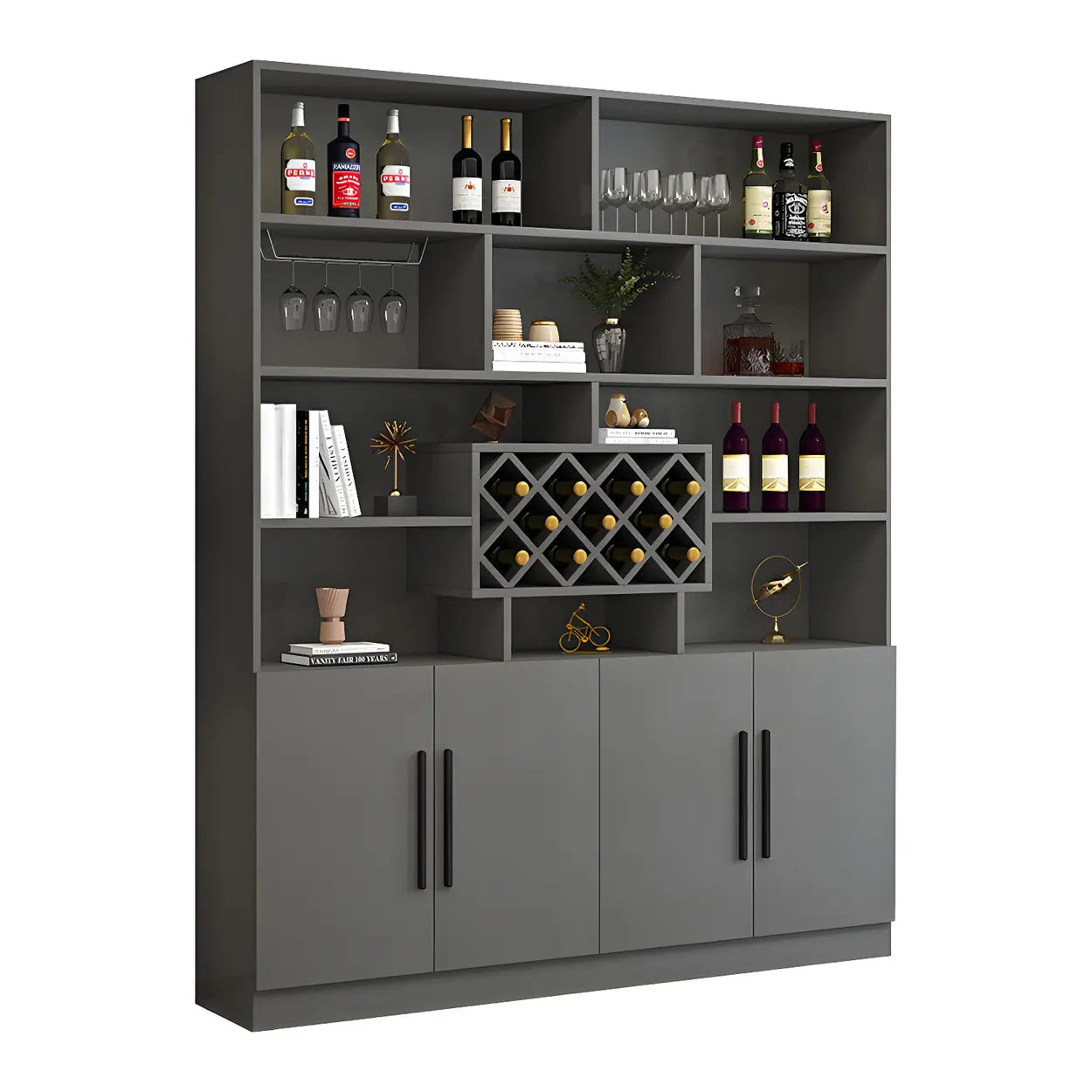 White Wood Freestanding Stemware Wine Cabinet — Dark Gray-White