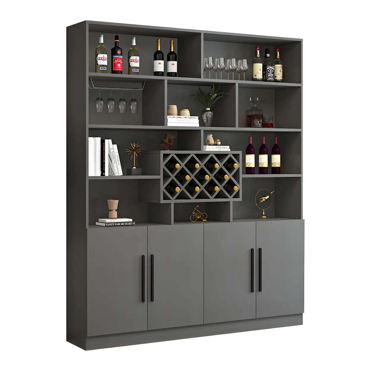 White Wood Freestanding Stemware Wine Cabinet — Dark Gray-White
