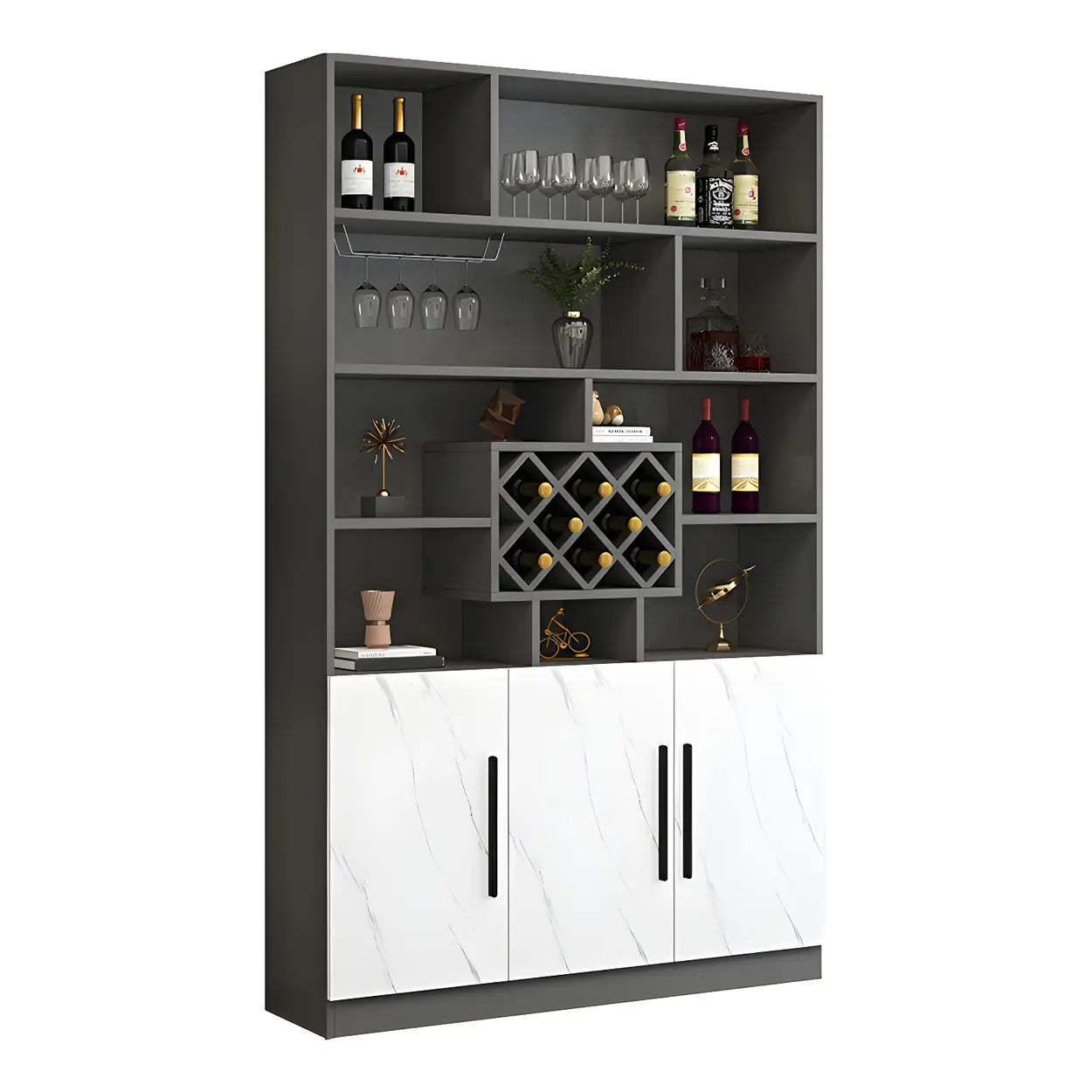 White Wood Freestanding Stemware Wine Cabinet — Gray-White