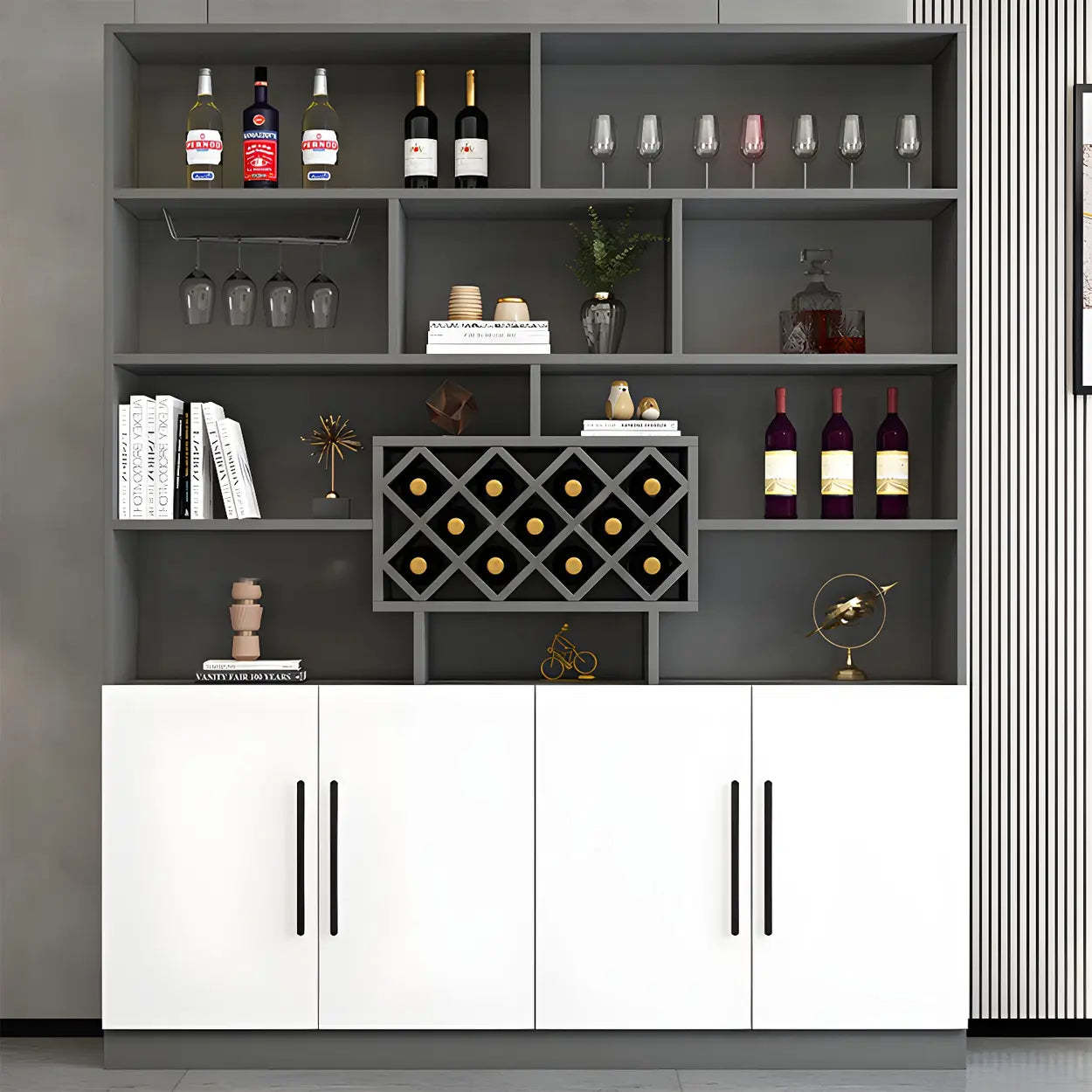 White Wood Freestanding Stemware Wine Cabinet — Dark Gray-White