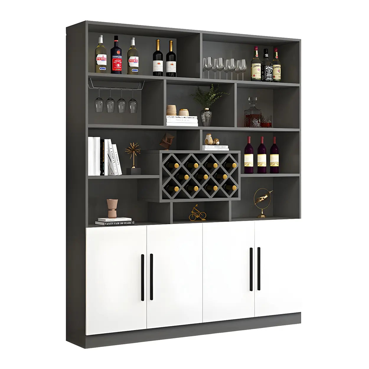 White Wood Freestanding Stemware Wine Cabinet — Gray-White