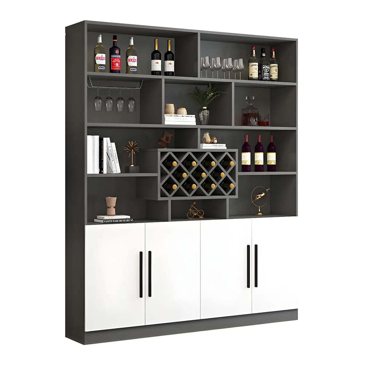 White Wood Freestanding Stemware Wine Cabinet — Gray-White