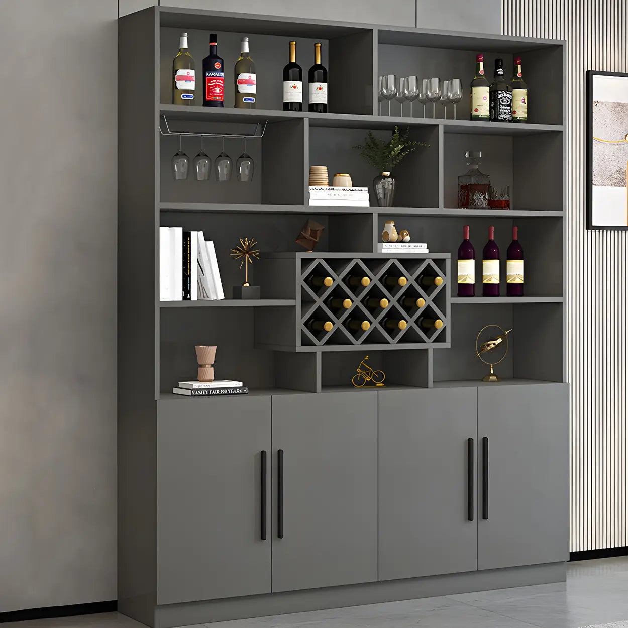White Wood Freestanding Stemware Wine Cabinet — Dark Gray-White