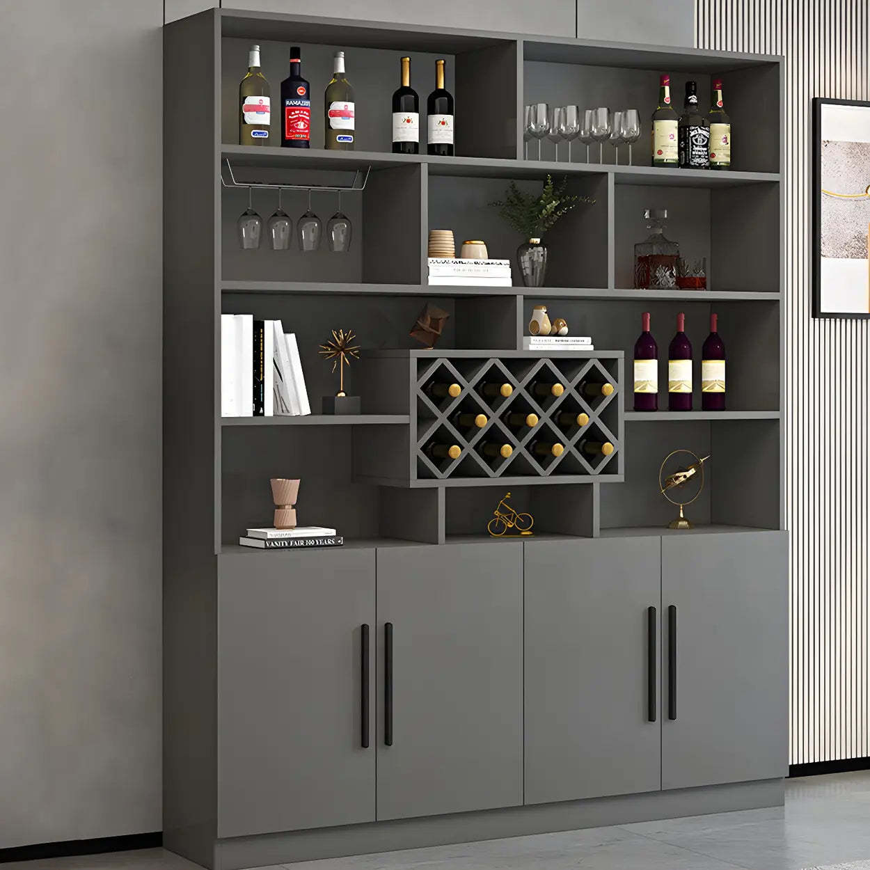 White Wood Freestanding Stemware Wine Cabinet — Dark Gray-White