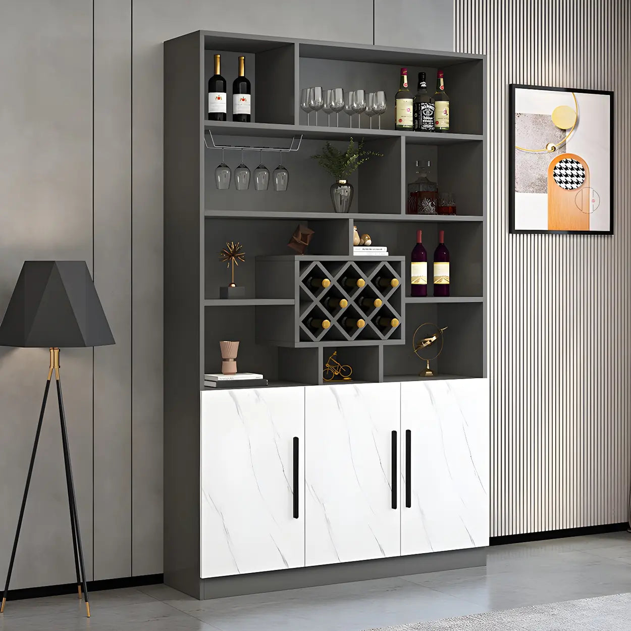 White Wood Freestanding Stemware Wine Cabinet — Gray-White