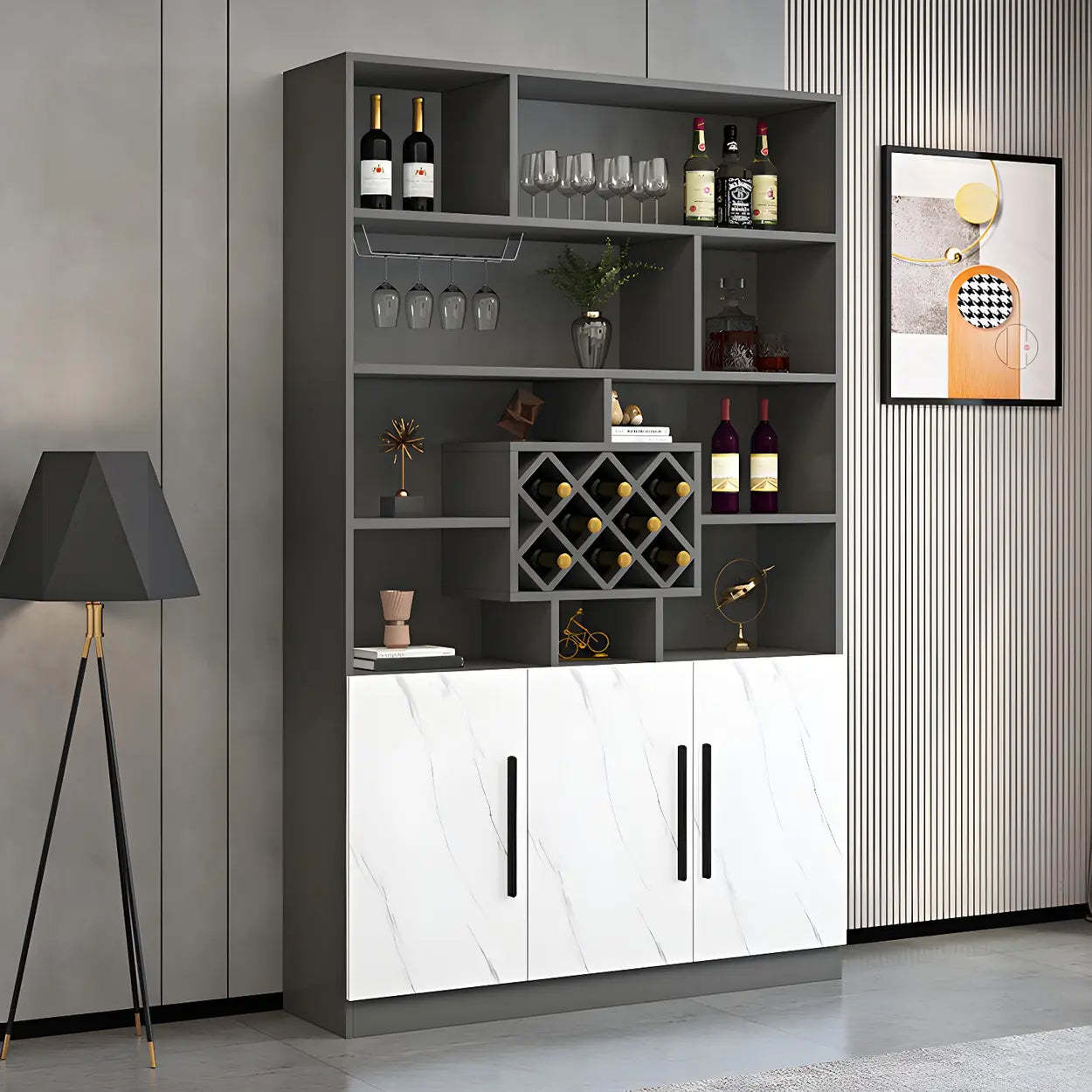 White Wood Freestanding Stemware Wine Cabinet — Gray-White