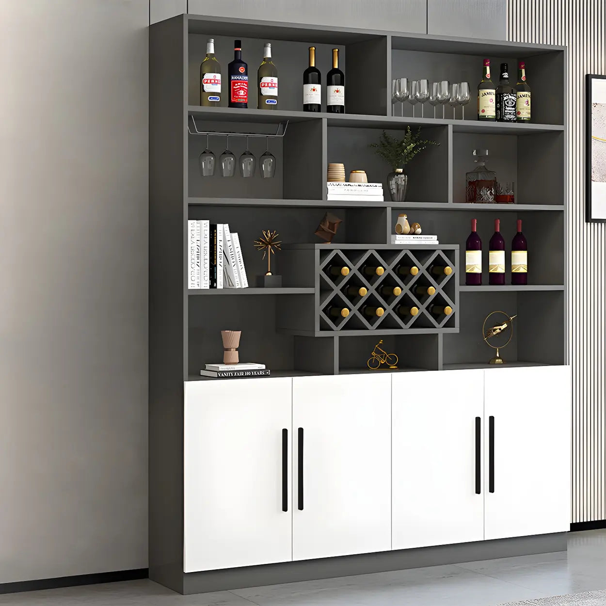White Wood Freestanding Stemware Wine Cabinet — Grey