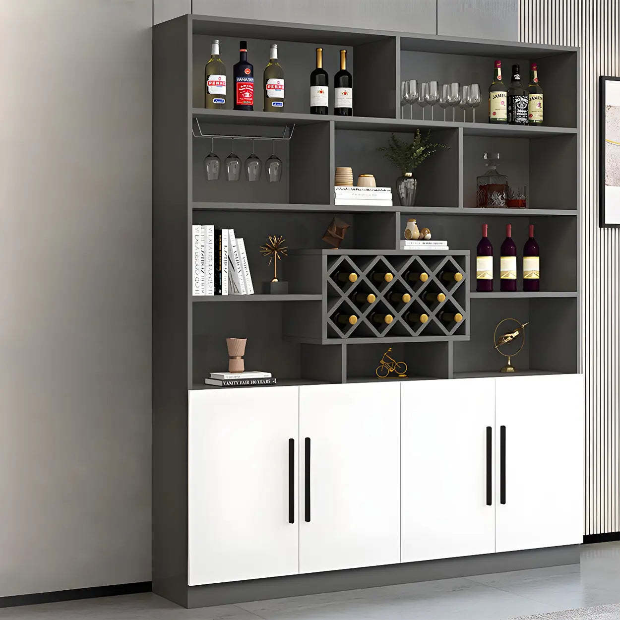 White Wood Freestanding Stemware Wine Cabinet — Grey