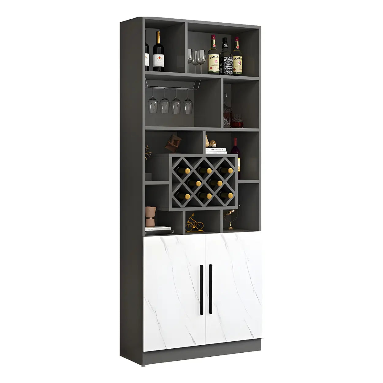 White Wood Freestanding Stemware Wine Cabinet — Dark Gray-White