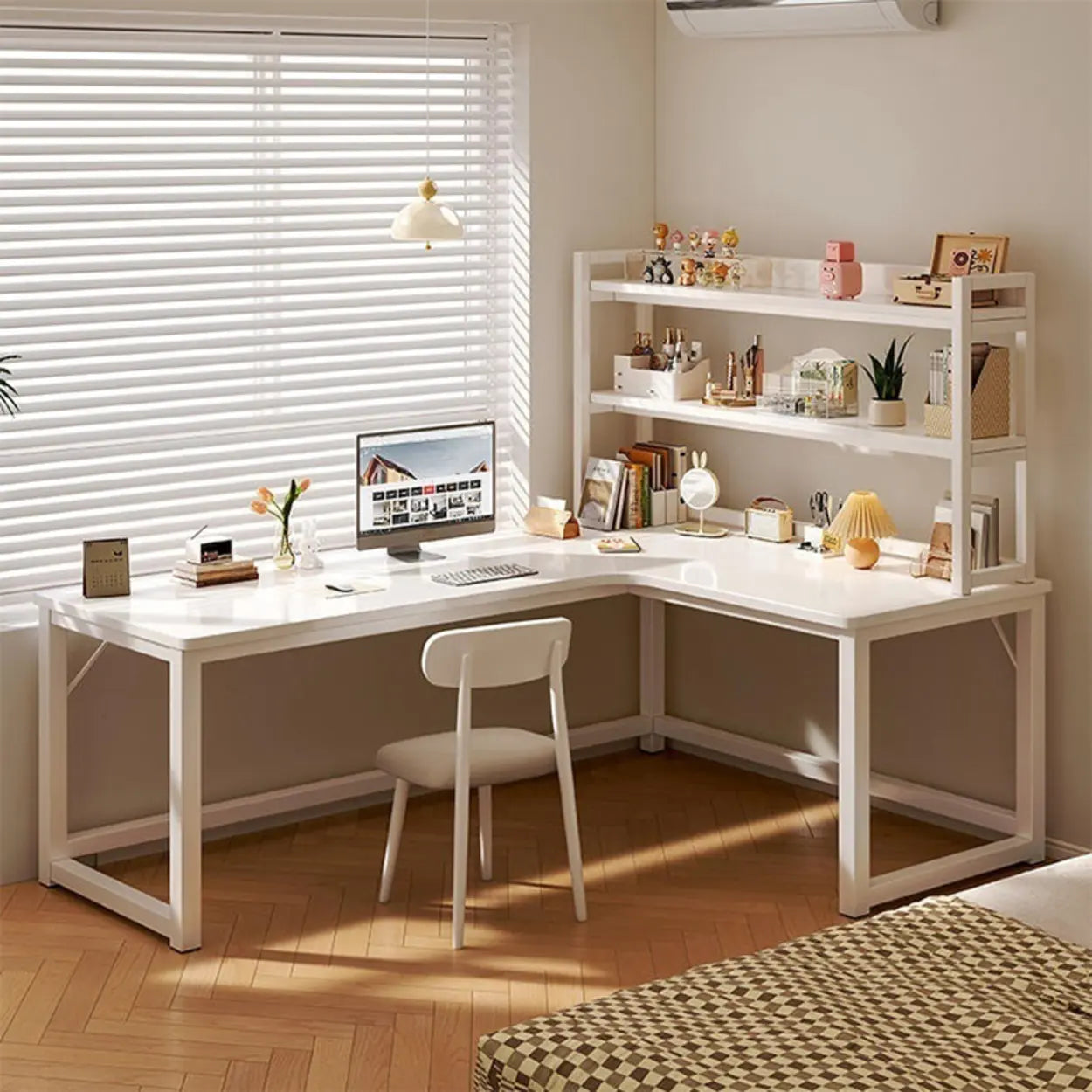 White Wood H-Base L-Shape Writing Desk — Left Hand Return / Table Only