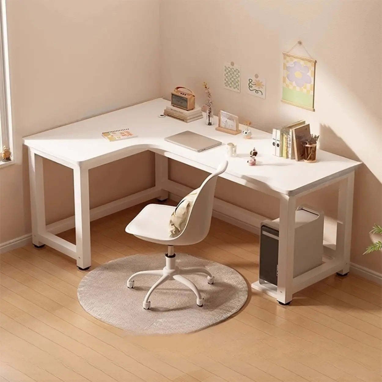Wood L-Shape Writing Desk with Shelf