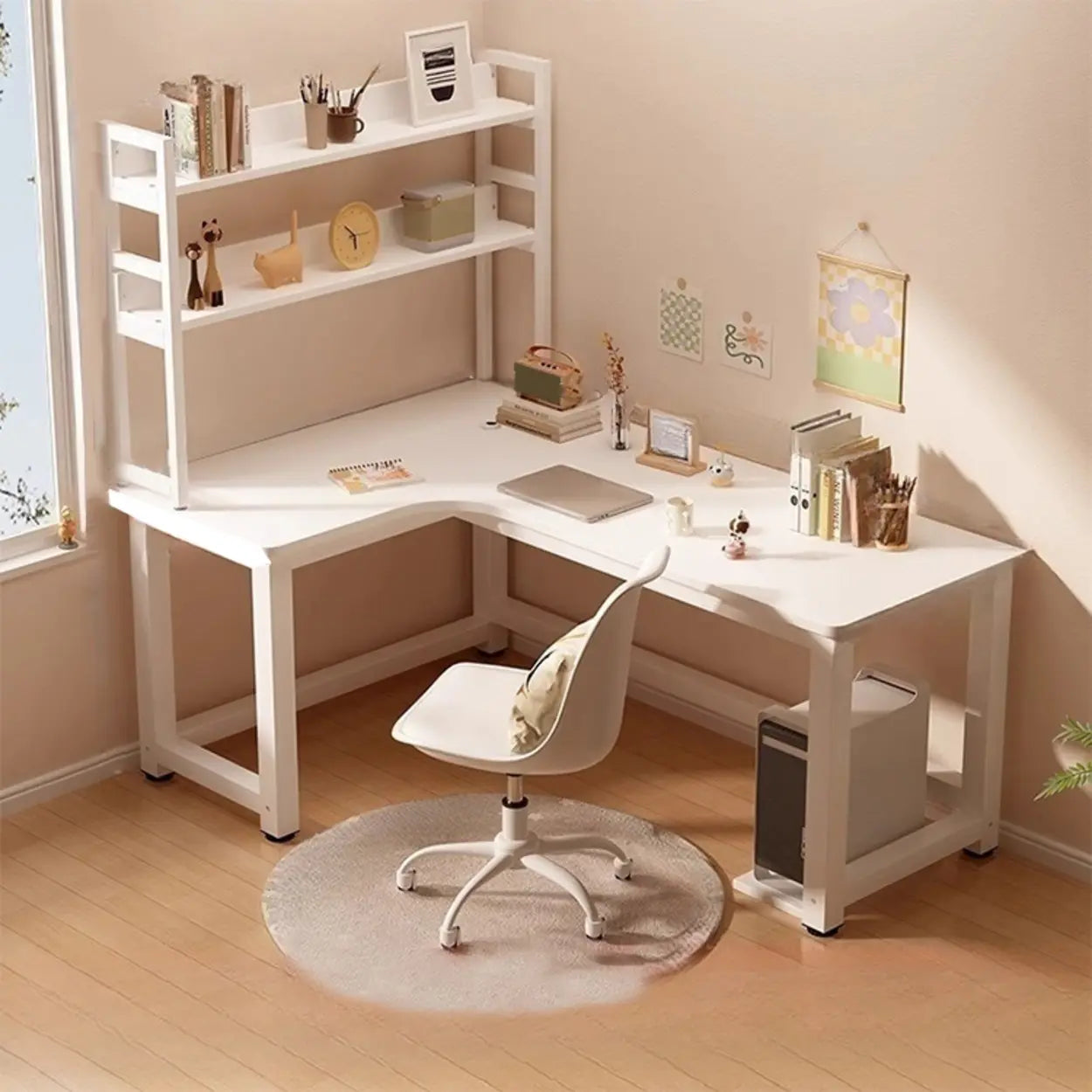 White Wood H-Base L-Shape Writing Desk — Left Hand Return / Table Only