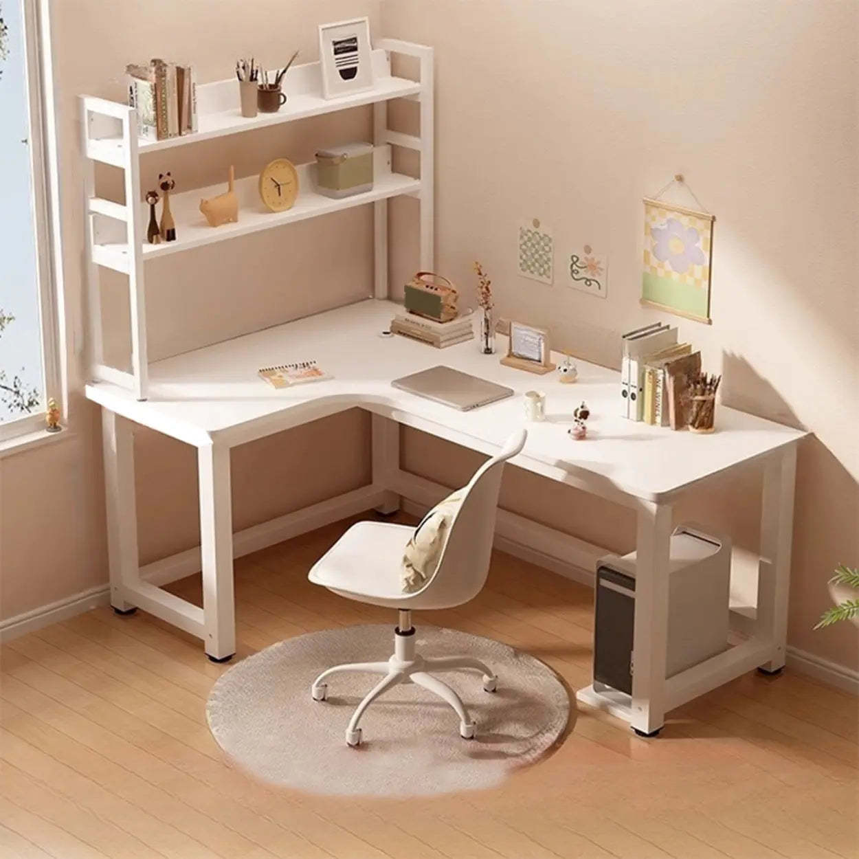 White Wood H-Base L-Shape Writing Desk — Left Hand Return / Table Only